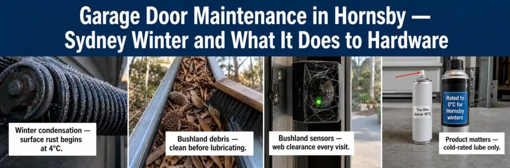Garage door maintenance in Hornsby showing winter condensation on garage door hardware, debris in tracks, cobwebs around sensors, and cold-weather lubricant considerations.