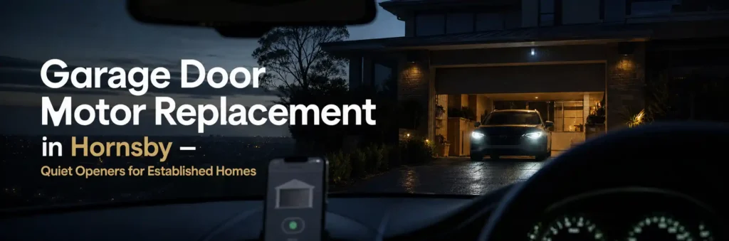 Garage door motor replacement in Hornsby, featuring a modern home garage at night with a vehicle inside and a smart garage door remote in the foreground.