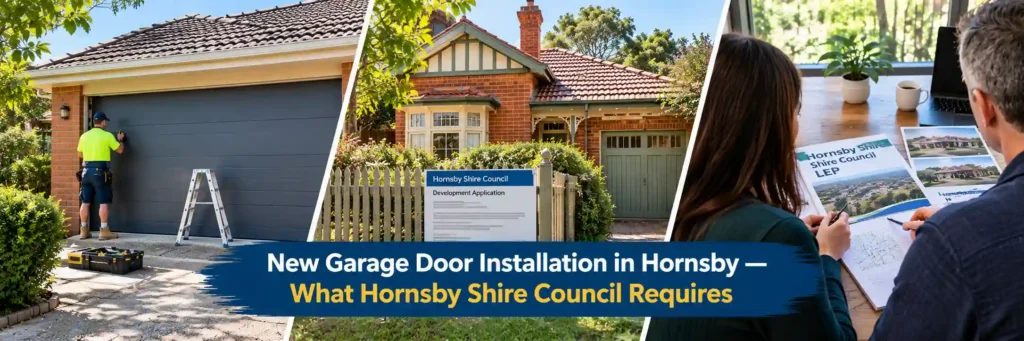 New garage door installation in Hornsby, showing a technician fitting a modern garage door, a residential property, and homeowners reviewing Hornsby Shire Council planning information.