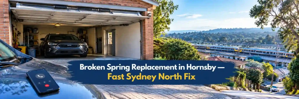 Broken garage door spring replacement in Hornsby, showing an open residential garage, a vehicle, and a suburban Sydney North setting.